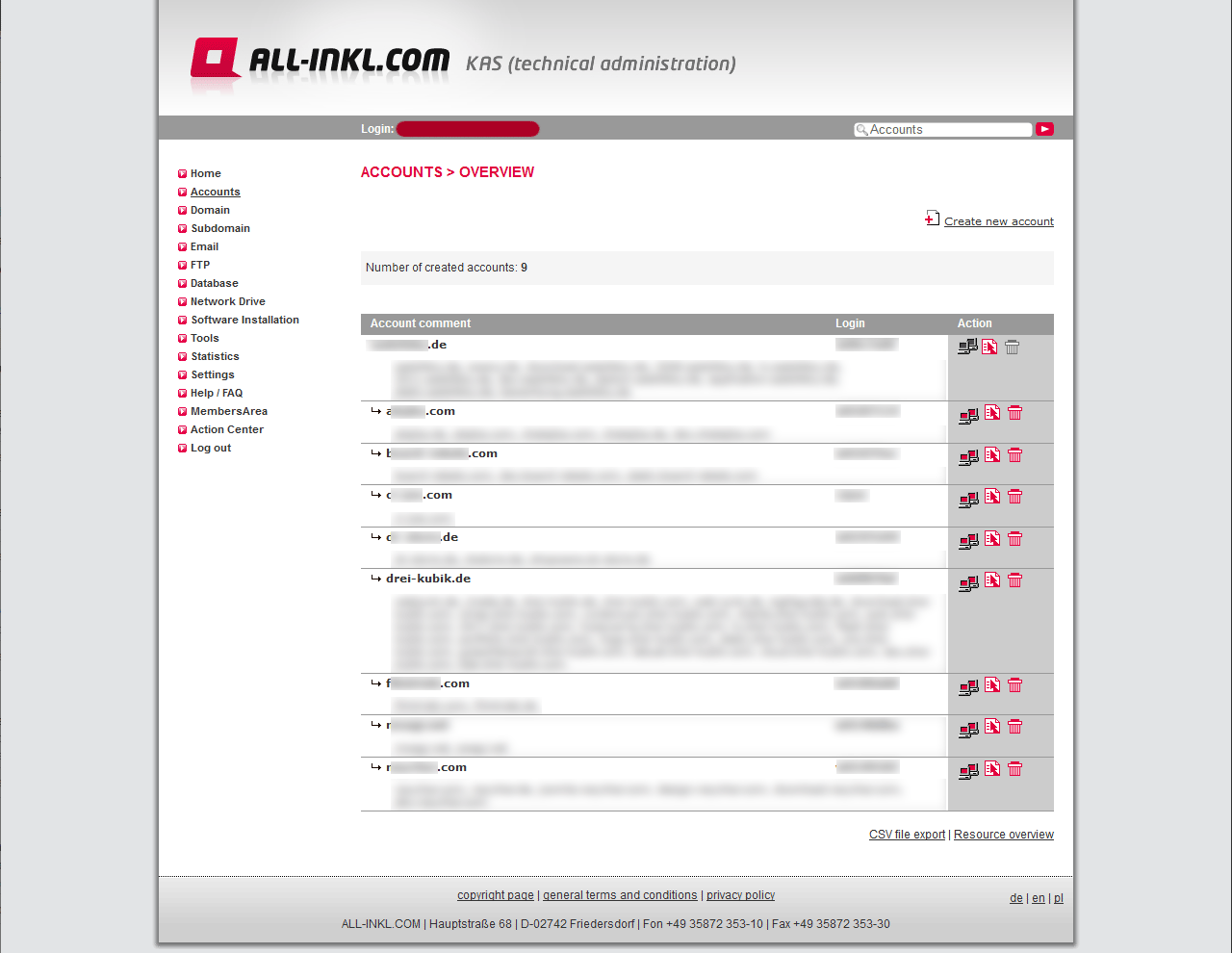 Abb. 3: all-inkl.com Unteraccounts erkennt man an dem kleinen Pfeil und der leichten Einrückung unter dem obersten Hauptaccount.