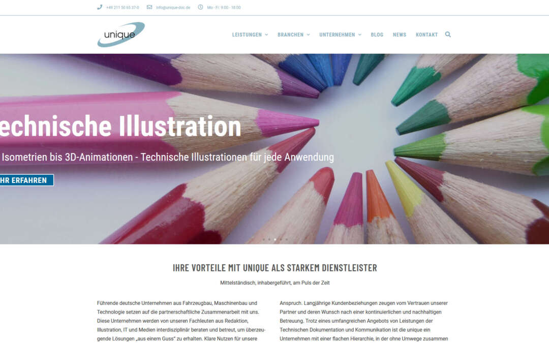 Elementor Website mit dem Hello Elementor Theme für die unique Technische Dokumentation GmbH
