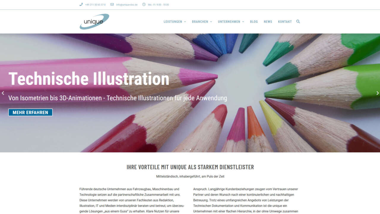 Elementor Website mit dem Hello Elementor Theme für die unique Technische Dokumentation GmbH