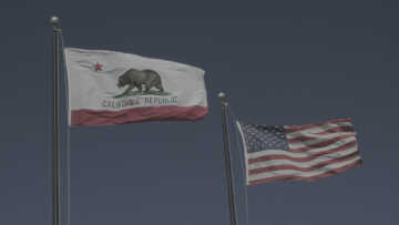 usa and california flag waving in heavy wind