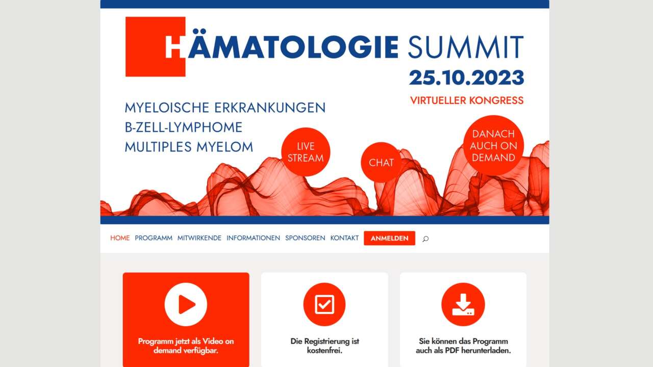 Website für die Jörg Eickeler Fortbildungsveranstaltung “Hämatologie Summit Virtuell” (April 2023)