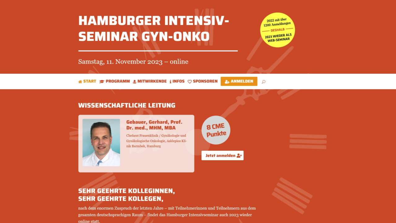 Website für die Jörg Eickeler Fortbildungsveranstaltung “Hamburger Intensivseminar Gyn-Onko” (Juni 2023)