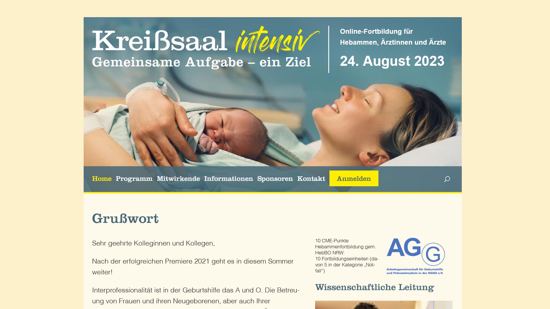 Website für die Jörg Eickeler Fortbildungsveranstaltung “Kreißsaal Intensiv” (Januar 2024)