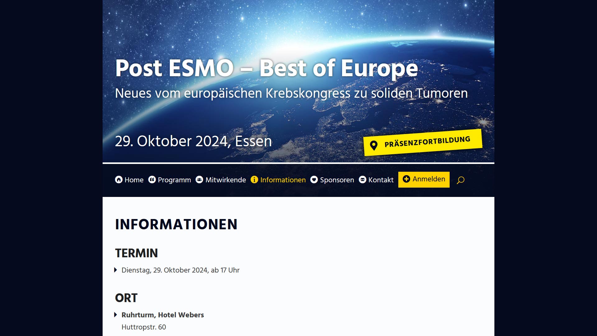 Website für die Jörg Eickeler Fortbildungsveranstaltung “Post ESMO – Best of Europe“ (Juli 2024)